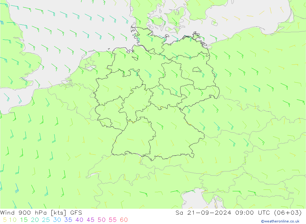 风 900 hPa GFS 星期六 21.09.2024 09 UTC