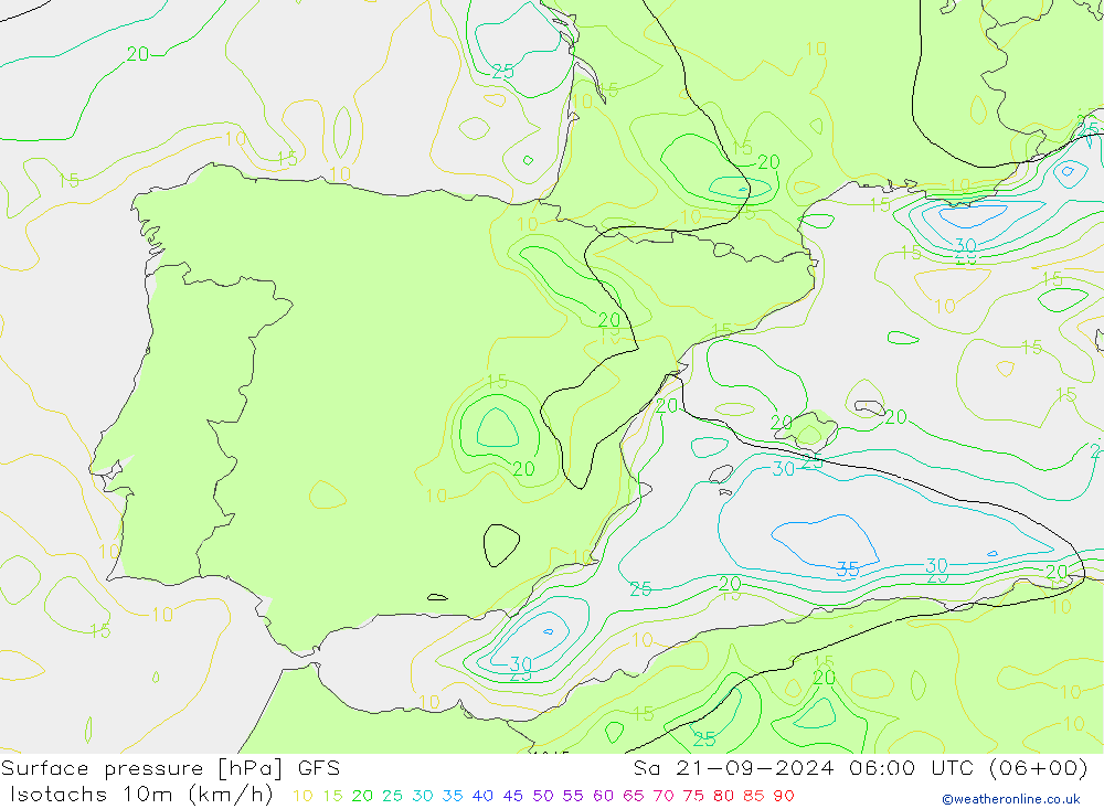 Isotachs (kph) GFS сб 21.09.2024 06 UTC