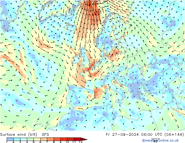 Surface wind (bft) GFS Fr 27.09.2024 06 UTC