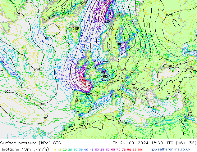 Isotachen (km/h) GFS do 26.09.2024 18 UTC