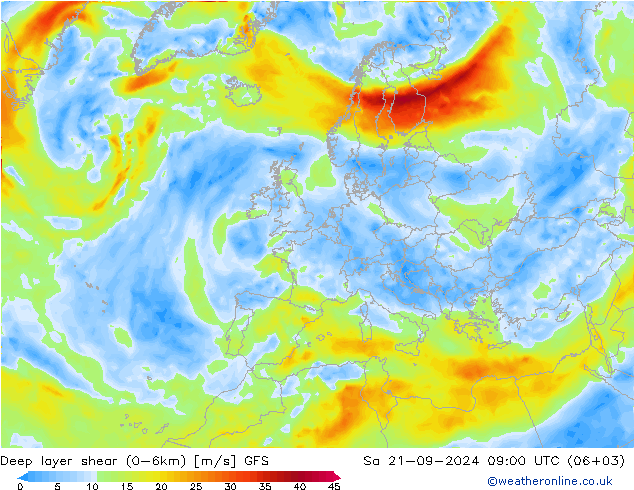 Deep layer shear (0-6km) GFS 星期六 21.09.2024 09 UTC