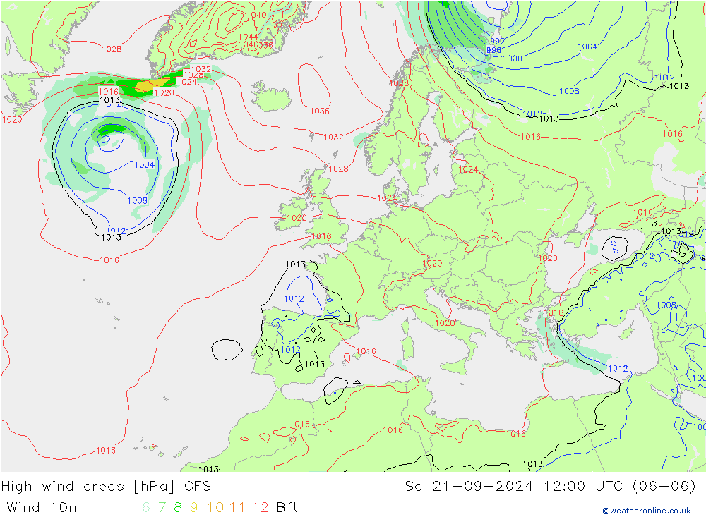 High wind areas GFS 星期六 21.09.2024 12 UTC