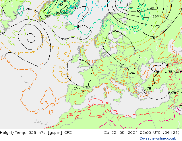 Height/Temp. 925 hPa GFS So 22.09.2024 06 UTC