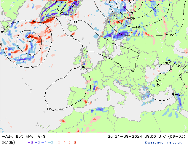 T-Adv. 850 hPa GFS 星期六 21.09.2024 09 UTC