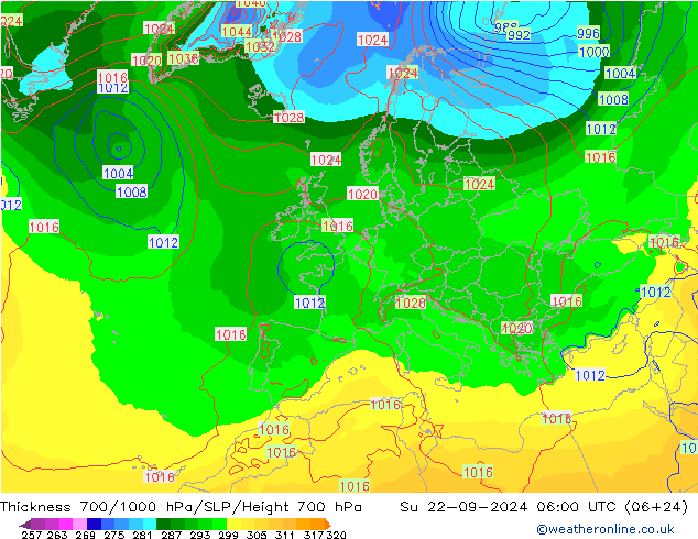 Schichtdicke 700-1000 hPa GFS So 22.09.2024 06 UTC