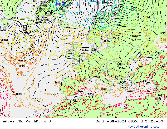 Theta-e 700hPa GFS sáb 21.09.2024 06 UTC