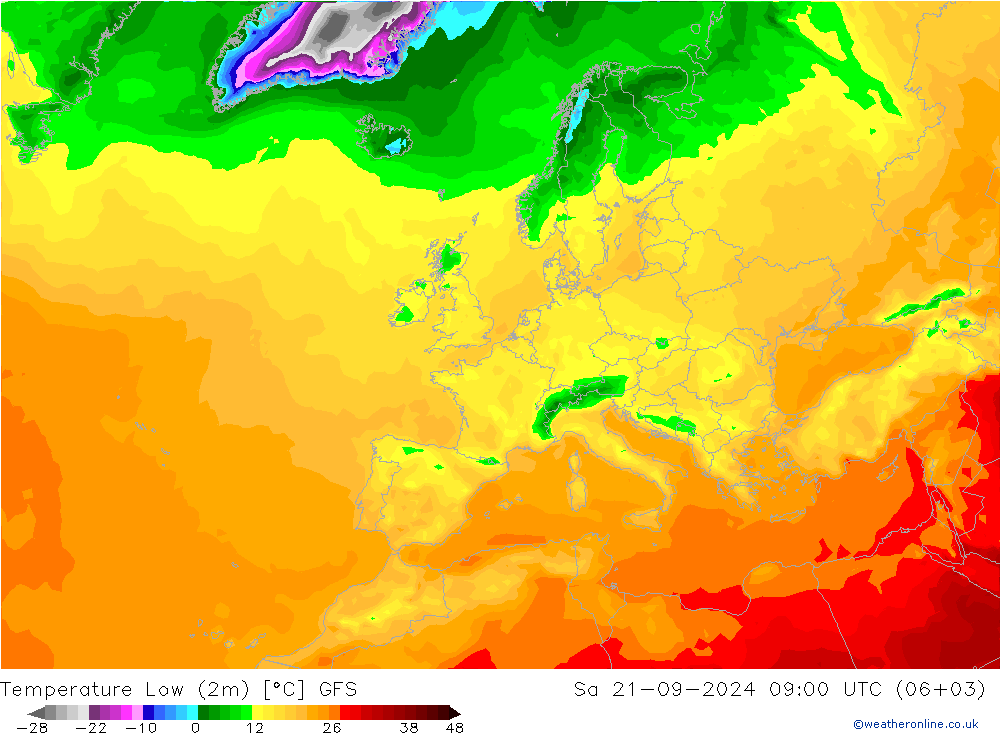 Temperature Low (2m) GFS 星期六 21.09.2024 09 UTC