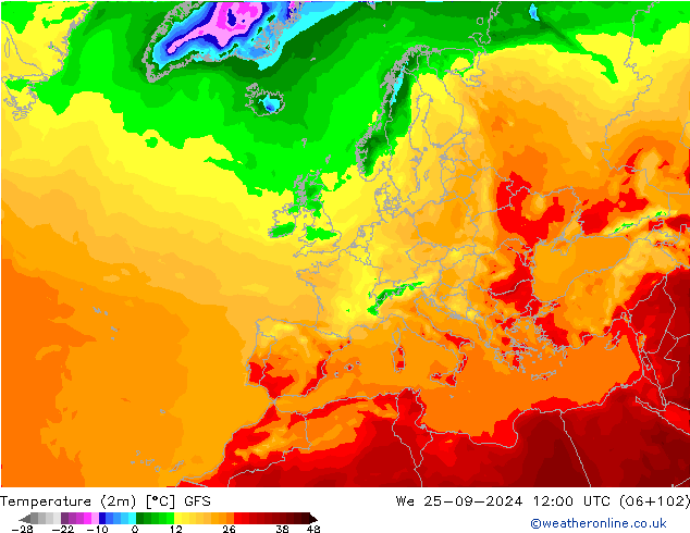 Temperature (2m) GFS We 25.09.2024 12 UTC