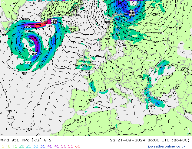 风 950 hPa GFS 星期六 21.09.2024 06 UTC