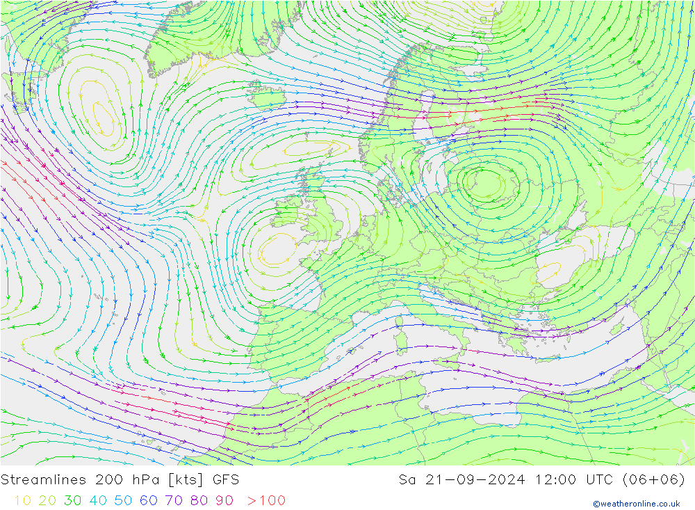 Línea de corriente 200 hPa GFS sáb 21.09.2024 12 UTC