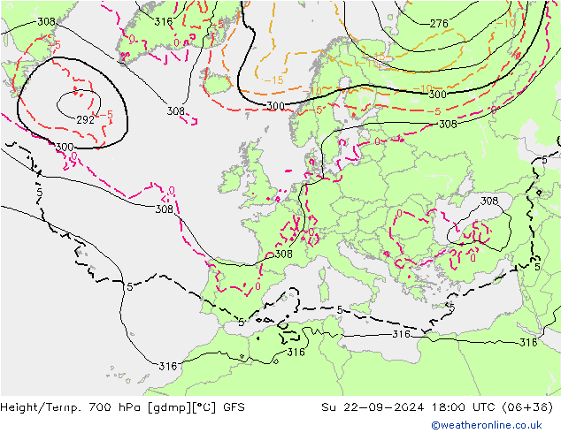 Geop./Temp. 700 hPa GFS dom 22.09.2024 18 UTC