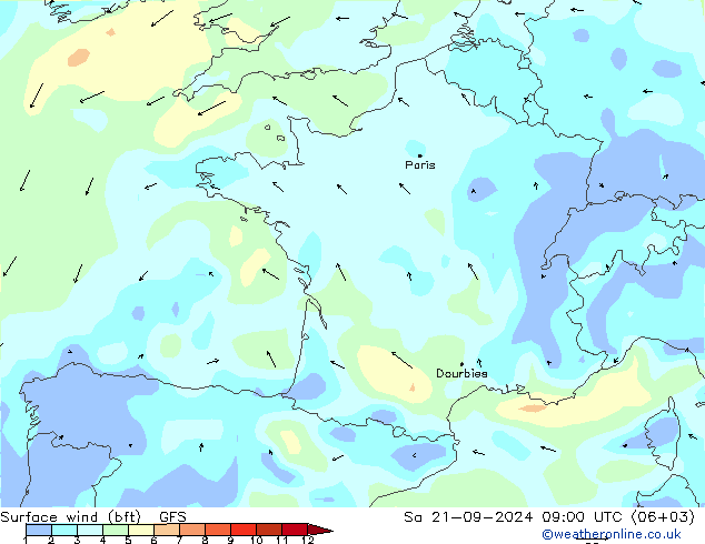 Bodenwind (bft) GFS Sa 21.09.2024 09 UTC