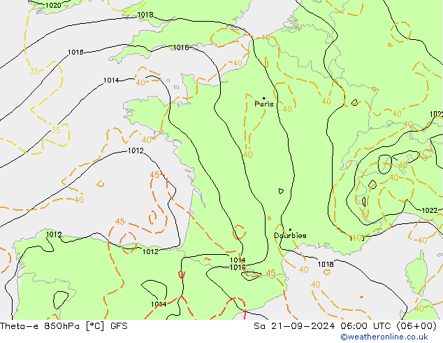 Theta-e 850hPa GFS Sa 21.09.2024 06 UTC