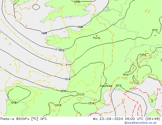 Theta-e 850hPa GFS Mo 23.09.2024 06 UTC