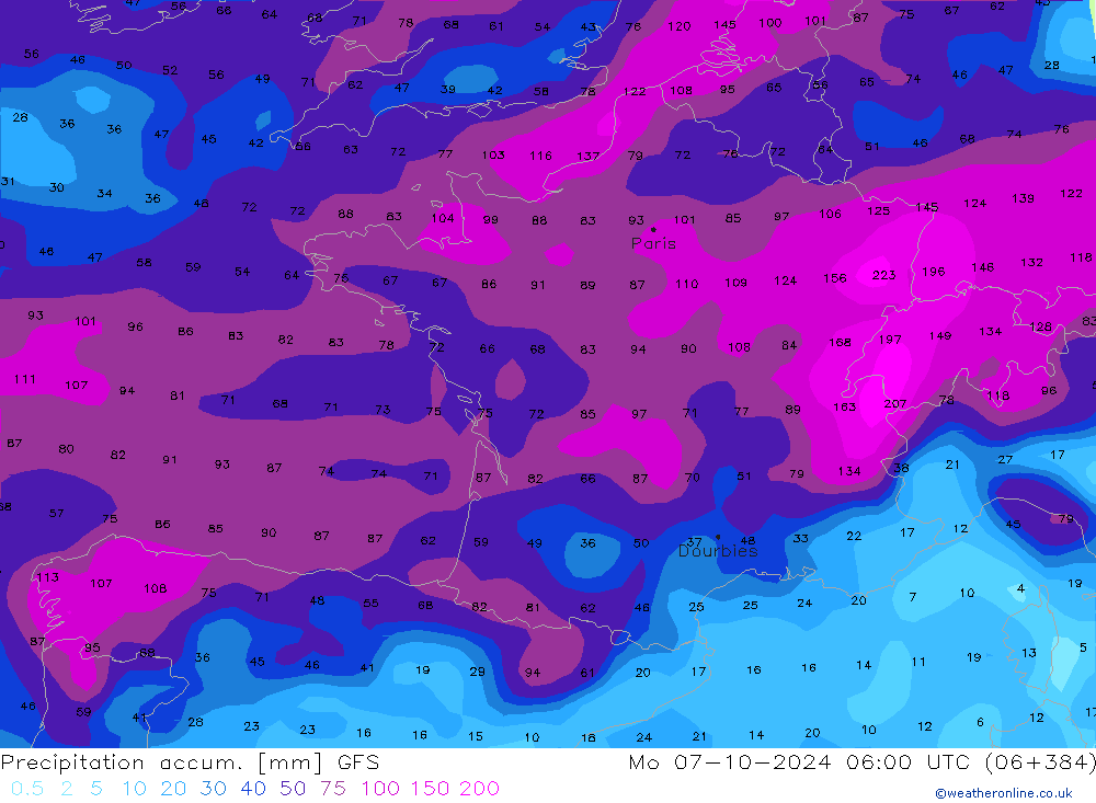 Precipitation accum. GFS Mo 07.10.2024 06 UTC