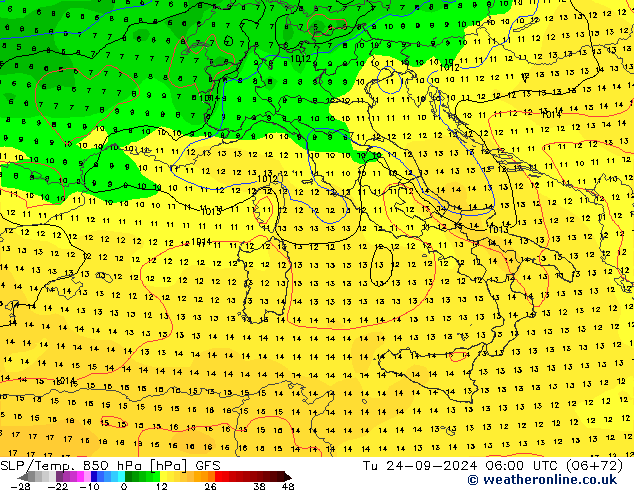 SLP/Temp. 850 hPa GFS Tu 24.09.2024 06 UTC