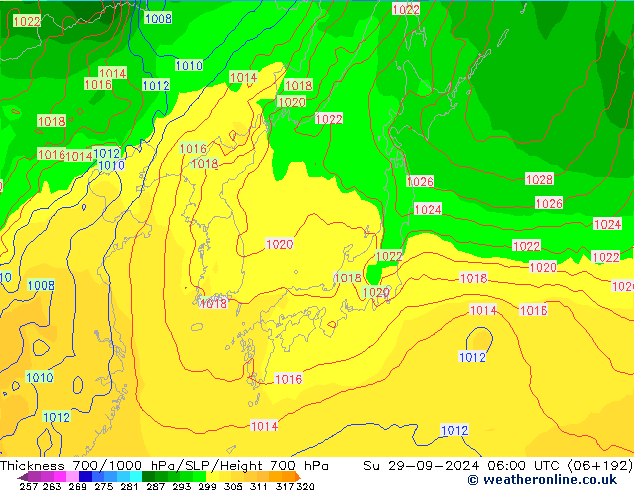 Thck 700-1000 hPa GFS Su 29.09.2024 06 UTC