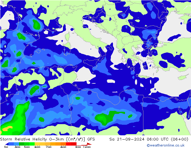 Storm Relative Helicity GFS Sa 21.09.2024 06 UTC