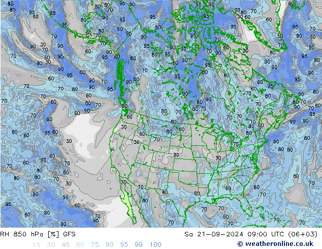 RH 850 hPa GFS Sa 21.09.2024 09 UTC