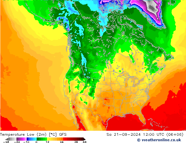 Temperature Low (2m) GFS 星期六 21.09.2024 12 UTC