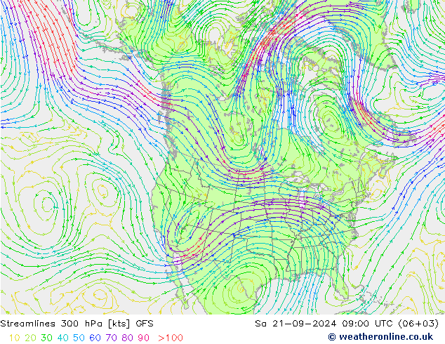 Streamlines 300 hPa GFS Sa 21.09.2024 09 UTC