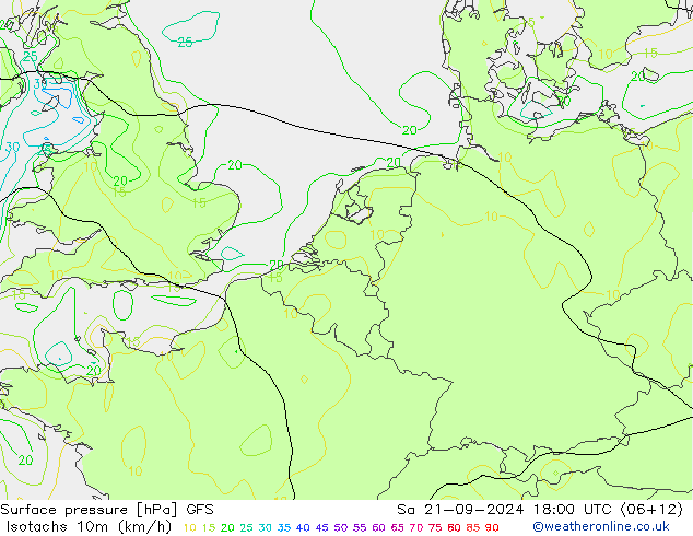 Isotachen (km/h) GFS Sa 21.09.2024 18 UTC