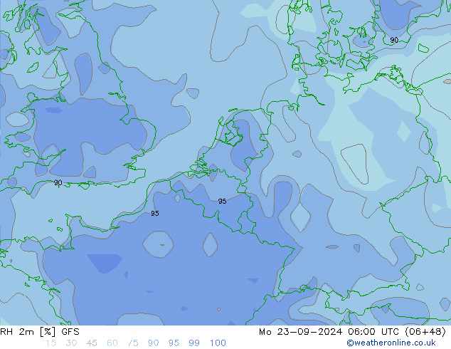 RH 2m GFS 星期一 23.09.2024 06 UTC