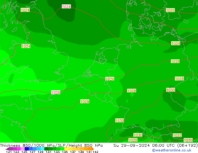 Thck 850-1000 hPa GFS 星期日 29.09.2024 06 UTC