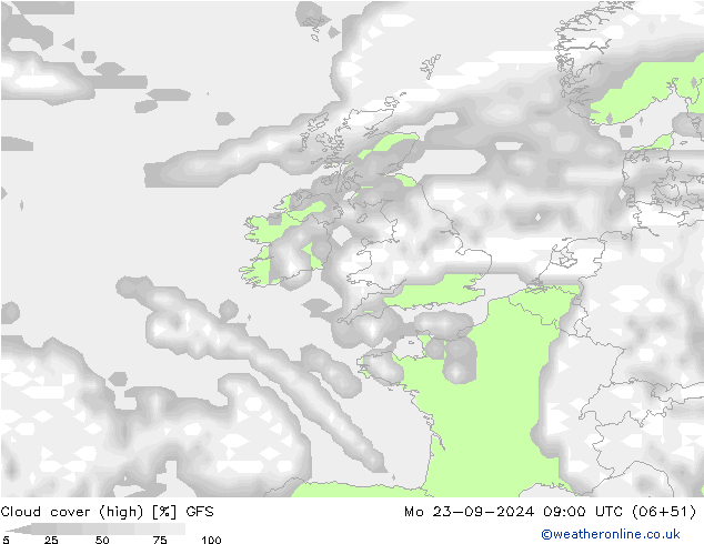 Wolken (hohe) GFS Mo 23.09.2024 09 UTC