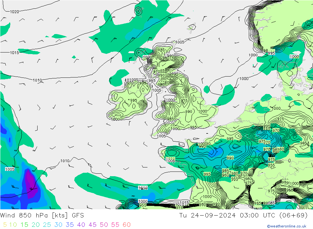 ветер 850 гПа GFS вт 24.09.2024 03 UTC