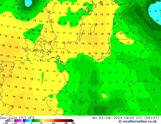 Taupunkt GFS Mo 23.09.2024 09 UTC