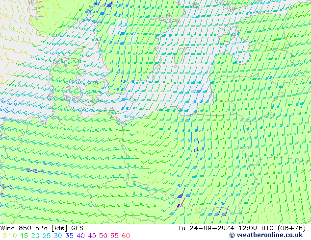 Wind 850 hPa GFS Tu 24.09.2024 12 UTC