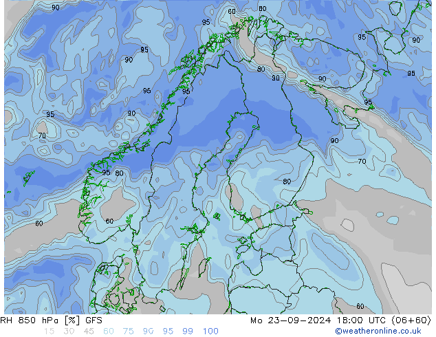 RH 850 hPa GFS 星期一 23.09.2024 18 UTC