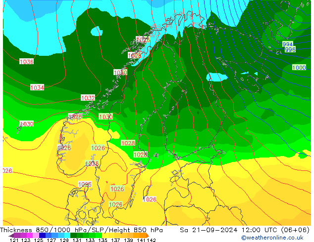 Espesor 850-1000 hPa GFS sáb 21.09.2024 12 UTC