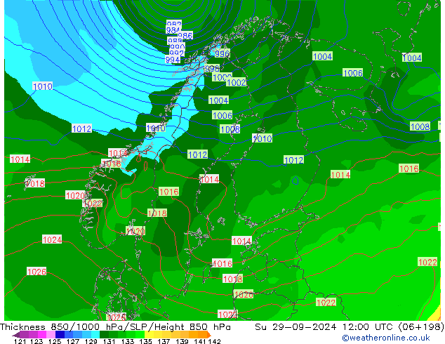 Schichtdicke 850-1000 hPa GFS So 29.09.2024 12 UTC