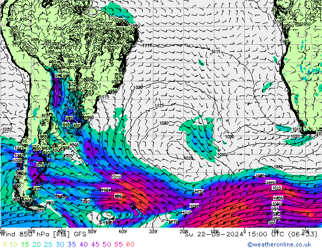 Wind 850 hPa GFS So 22.09.2024 15 UTC