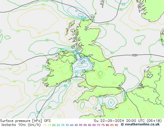 Isotachs (kph) GFS Su 22.09.2024 00 UTC