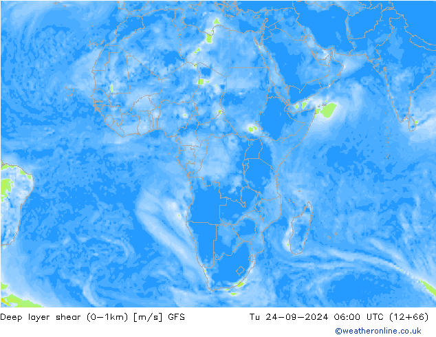 Deep layer shear (0-1km) GFS Tu 24.09.2024 06 UTC