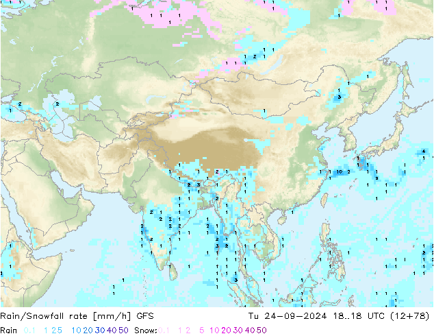 Rain/Snowfall rate GFS Tu 24.09.2024 18 UTC