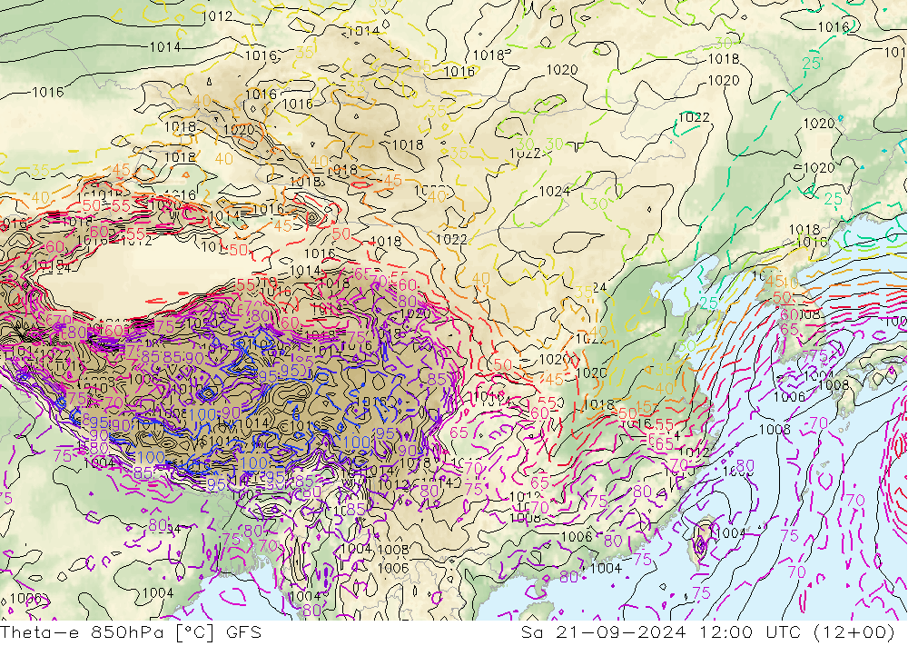 Theta-e 850hPa GFS 星期六 21.09.2024 12 UTC