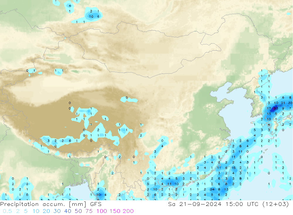 Precipitation accum. GFS 星期六 21.09.2024 15 UTC