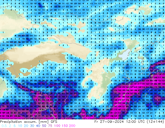 Precipitation accum. GFS 星期五 27.09.2024 12 UTC