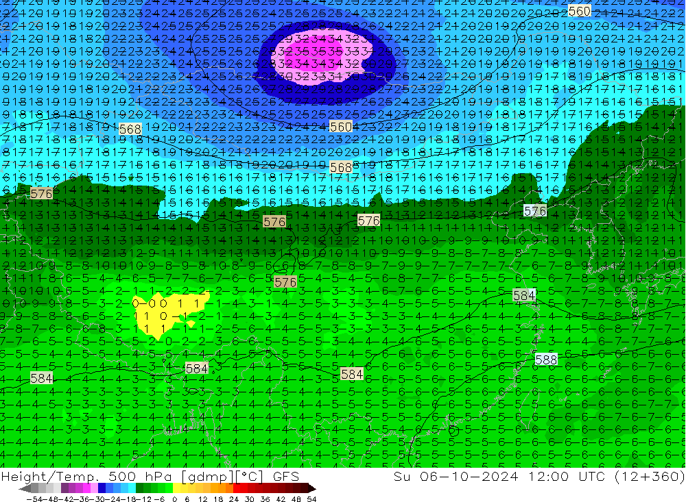 Z500/Rain (+SLP)/Z850 GFS 星期日 06.10.2024 12 UTC