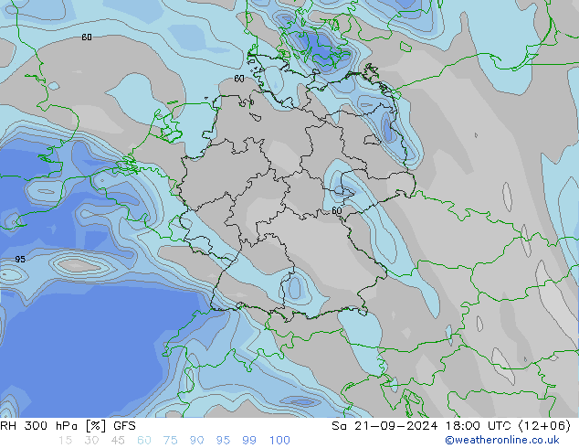 RH 300 hPa GFS 星期六 21.09.2024 18 UTC