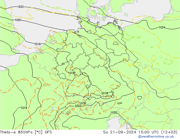 Theta-e 850hPa GFS sáb 21.09.2024 15 UTC