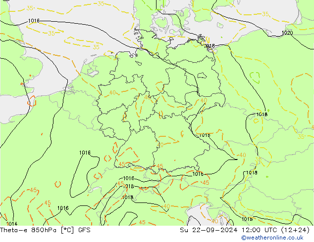 Theta-e 850hPa GFS 星期日 22.09.2024 12 UTC