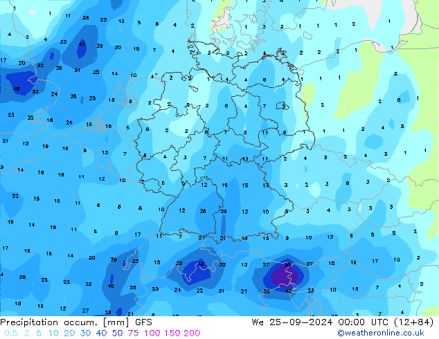 Precipitation accum. GFS 星期三 25.09.2024 00 UTC