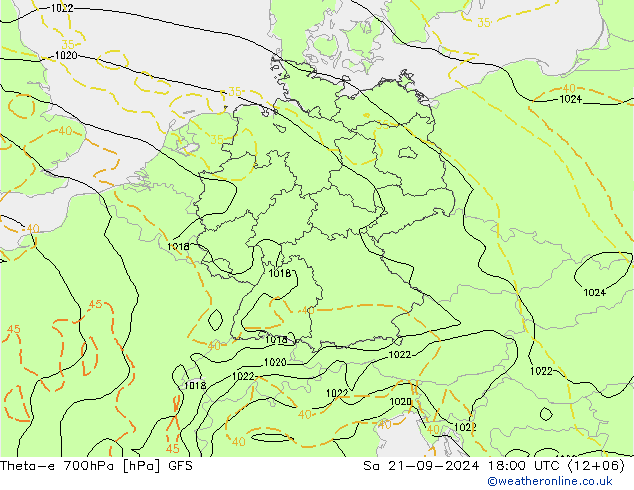 Theta-e 700hPa GFS 星期六 21.09.2024 18 UTC