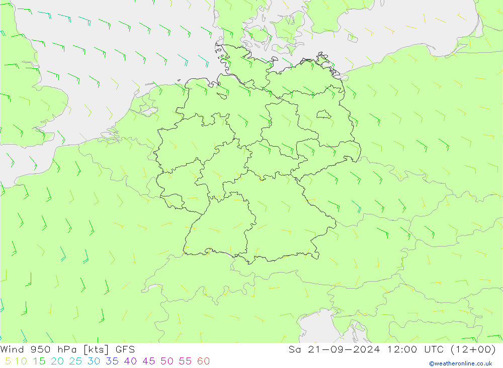 风 950 hPa GFS 星期六 21.09.2024 12 UTC