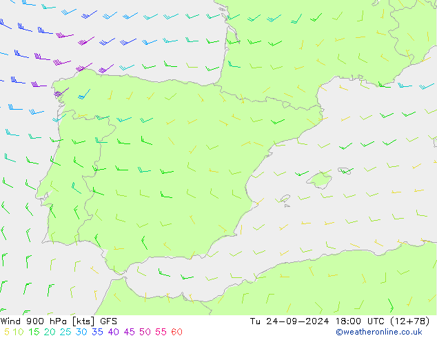 Wind 900 hPa GFS Tu 24.09.2024 18 UTC